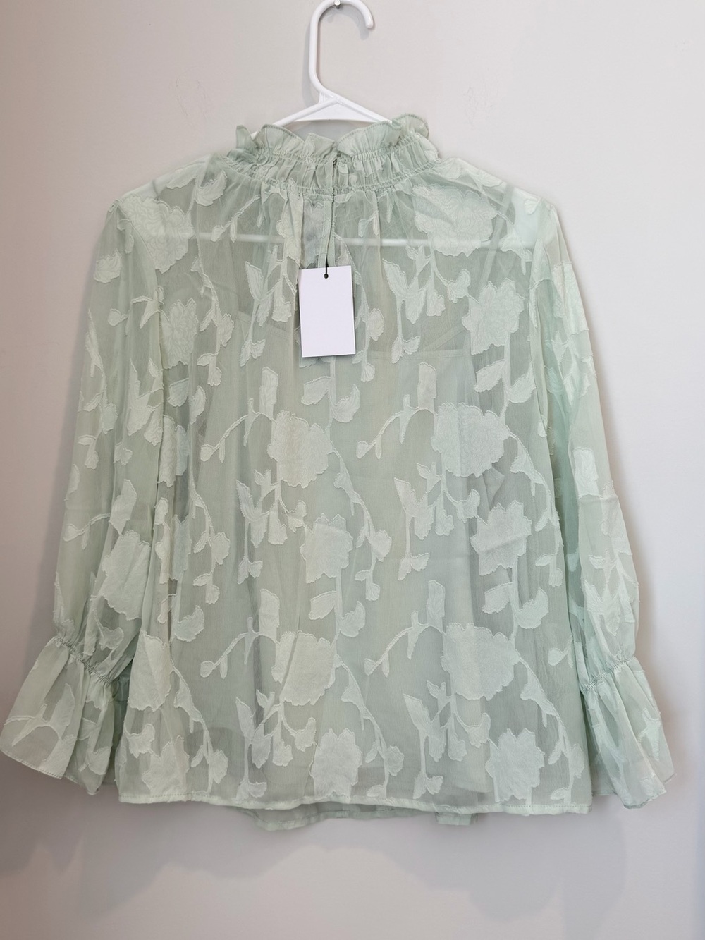 Sugarlips Mint Green Floral Sheer Ruffle Neck Blouse - Picture 3 of 3